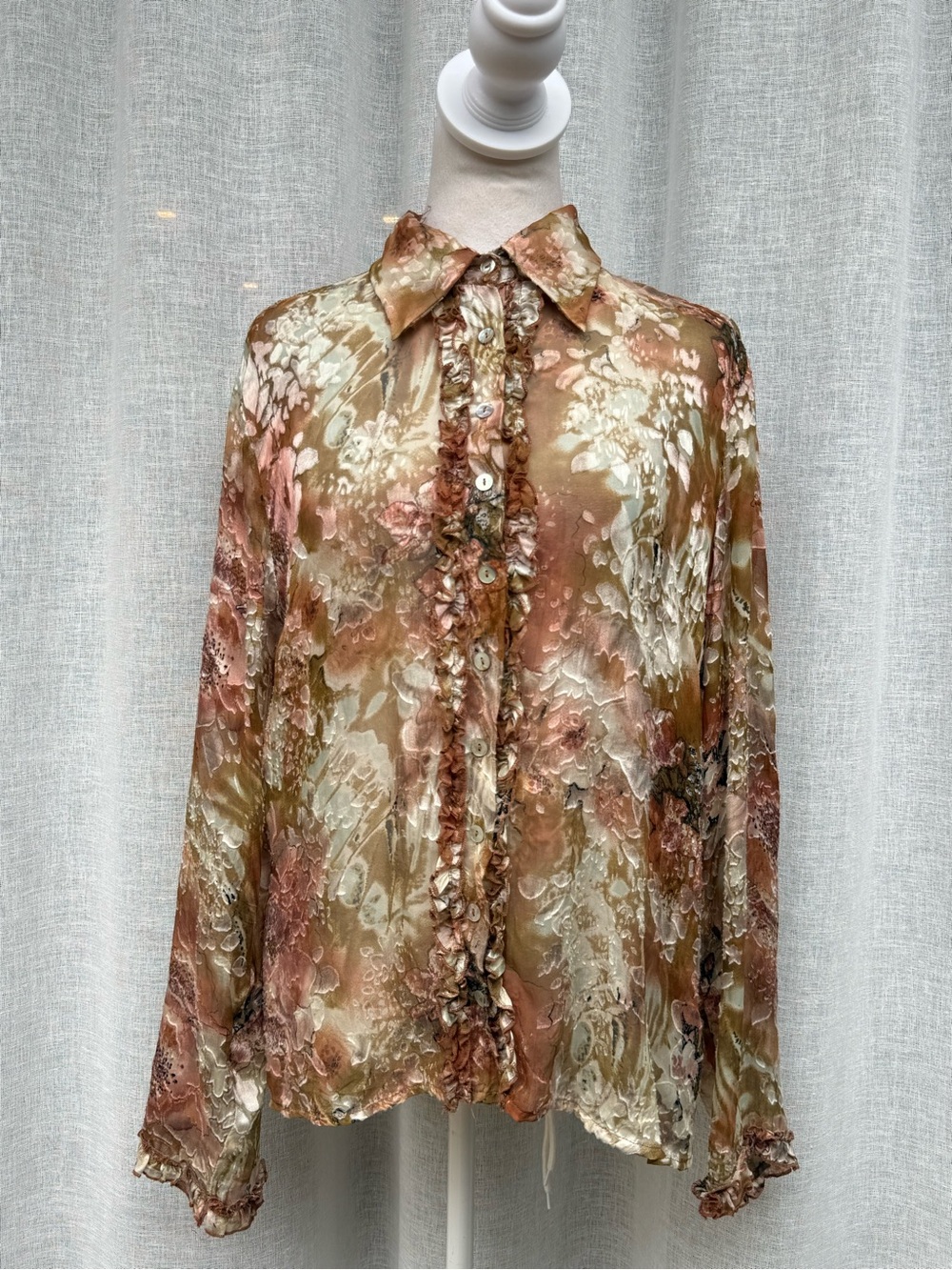 PIANO floral abstract fall colors silk button down shirt blouse